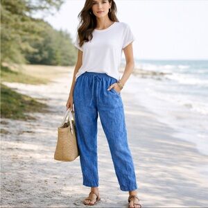 Talbots Linen Blue Stretch Elastic Waist Casual Resort Beach‎ Pants Size 4